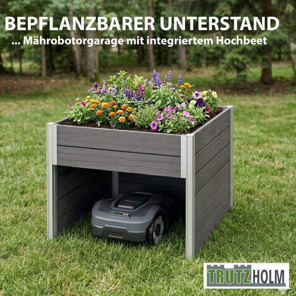 Trutzholm Mährobotergarage mit integriertem Hochbeet für den Garten.