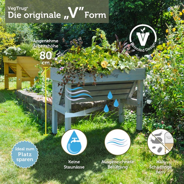 VegTrug Hochbeet in V-Form, Höhe 80 Zentimeter, Belüftung, Drainage, Schutz vor Schädlingen, VegTrug Logo, Siegel für patentiertes Design.