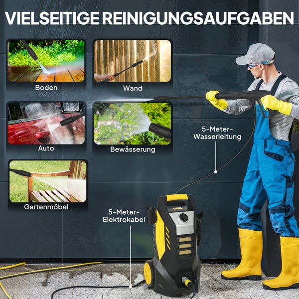 Hochdruckreiniger im Einsatz für Boden, Wand, Auto, Gartenmöbel und Bewässerung mit 5 Meter Wasserleitung und 5 Meter Elektrokabel.