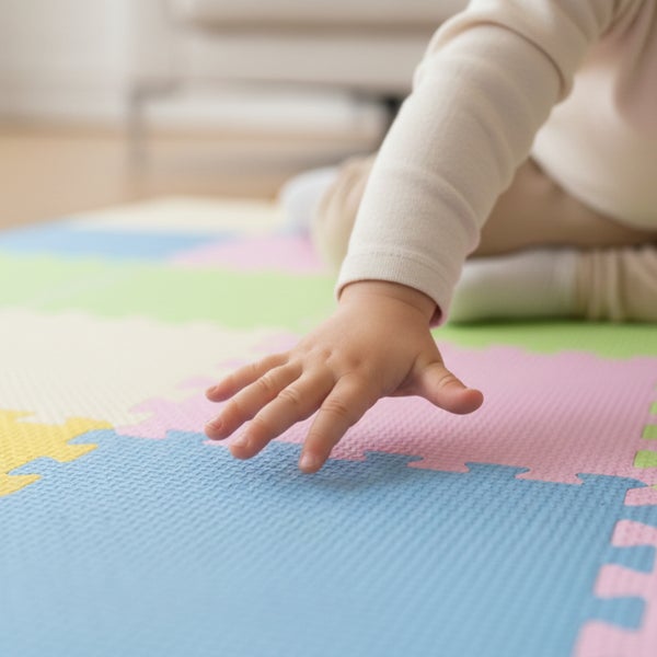 Kinderhand auf einer hellen, bunten Schaumstoff-Spielmatte mit strukturierter Oberfläche und ineinandergreifenden Puzzleteilen.