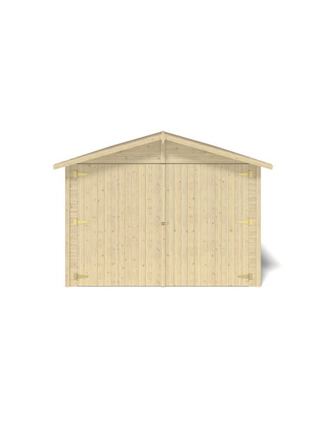 Gartenhaus aus hellem Holz mit Doppeltür und Satteldach.