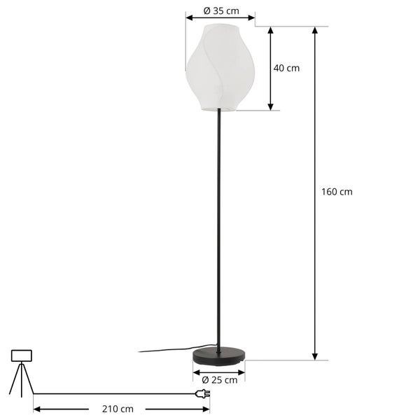 Abbildung einer Stehlampe mit den Maßangaben 35 cm Durchmesser Lampenschirm, 40 cm Höhe Lampenschirm, 160 cm Höhe, 25 cm Durchmesser Lampenfuß und 210 cm Kabellänge.