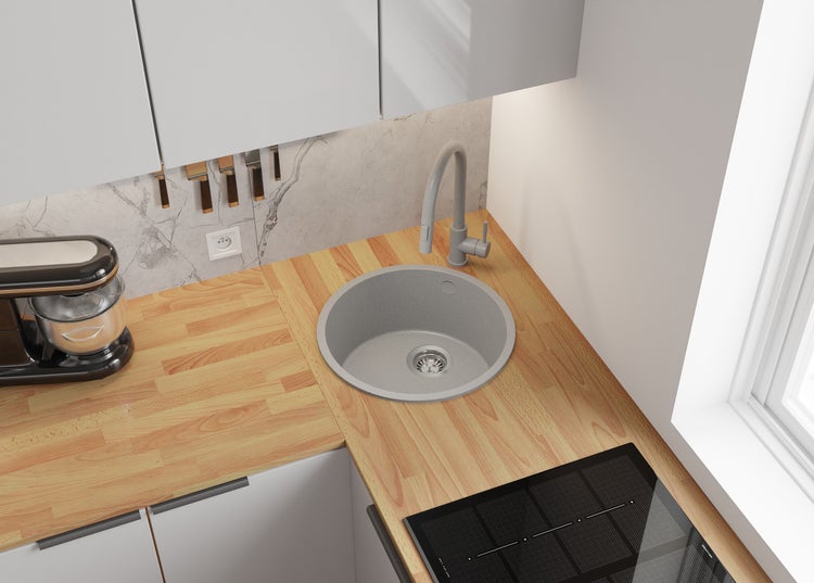 PRIMAGRAN Spülbecken Rund Grau 46x46cm, Granitspüle 1 Becken + Ablauf-Set, Küchenspüle ab 50er Unterschrank - Valletta Slim