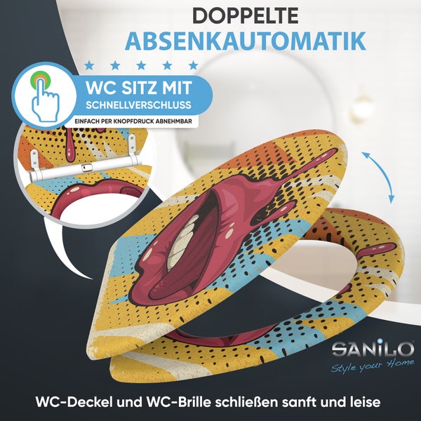 Sanilo WC Sitz mit Pop Art Motiv, Absenkautomatik und Schnellverschluss zur einfachen Montage.