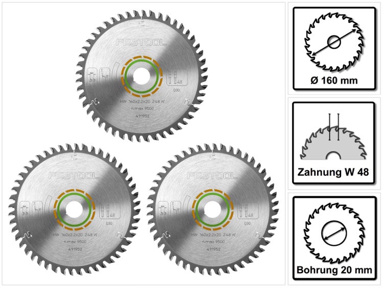 Drei Festool Sägeblätter mit 160 Millimeter Durchmesser, 20 Millimeter Bohrung und 48 Zähnen