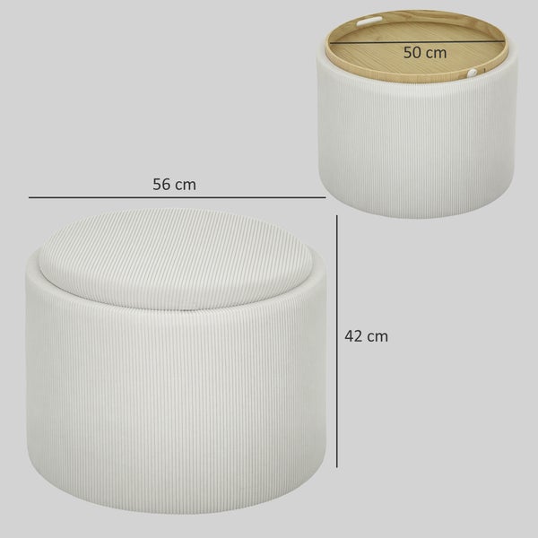 HOMCOM Sitzhocker mit Stauraum Hocker mit Deckel, Runder Fußhocker Polsterhocker Couchtisch mit Cord-Optik 56 x 56 x 42 cm Cremeweiß