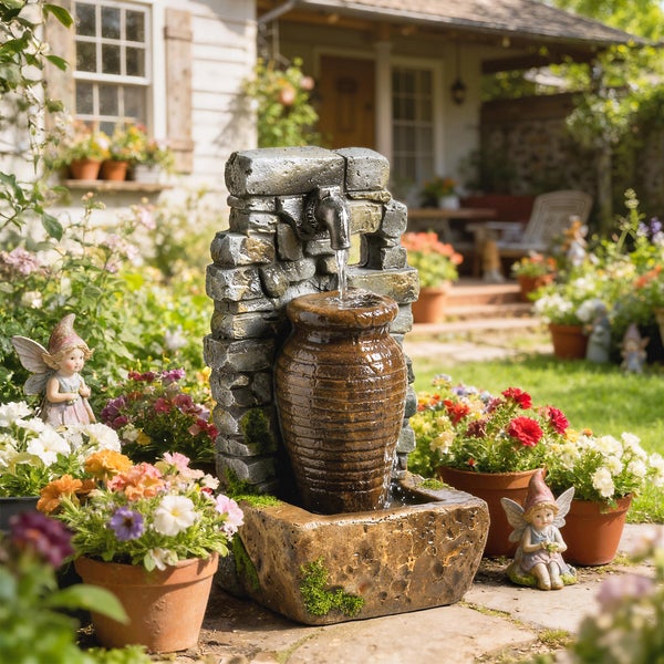Gartenbrunnen in Steinmauer-Optik mit Wasserlauf in einen Krug, umgeben von Blumen und Gartenfiguren in einem hellen Garten.