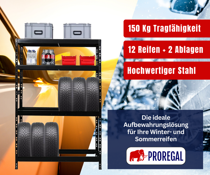 Schwarzes Reifenregal aus hochwertigem Stahl für bis zu 12 Reifen und zwei Ablageflächen. Belastbarkeit 150 Kilogramm pro Ebene. Proregal Logo.