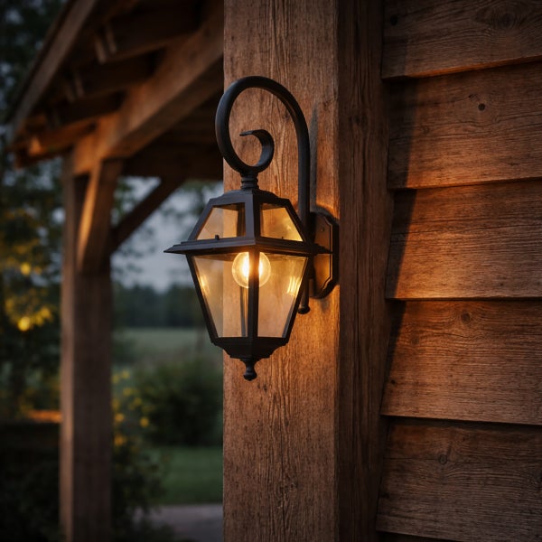 Schwarze Außenwandleuchte im Laternen-Stil mit Glasscheiben, montiert an einem rustikalen Holzbalken, leuchtet mit warmem Licht.