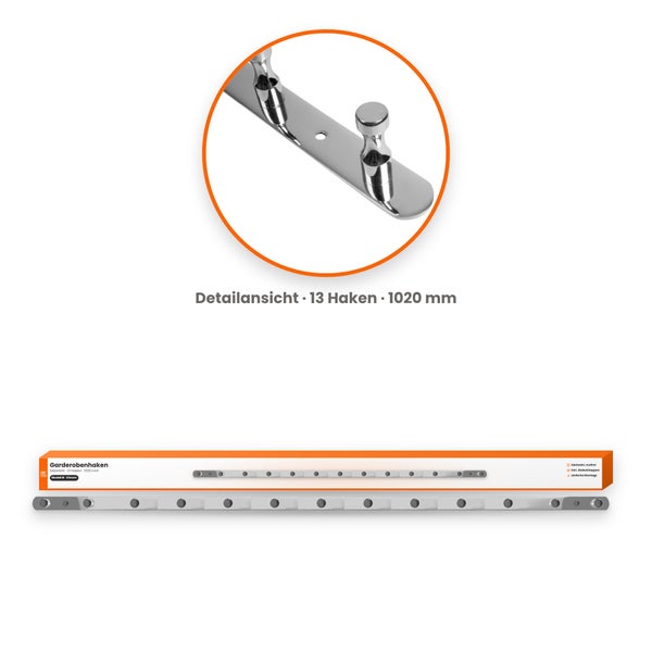 Garderobenhakenleiste aus Edelstahl mit 13 Haken, 1020 Millimeter lang, inklusive Abdeckkappen und Befestigungsmaterial.