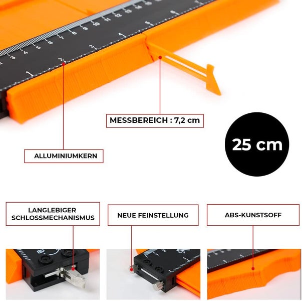 Konturenlehre mit Aluminiumkern, 25 Zentimeter Länge, 7,2 Zentimeter Messbereich, langlebigem Schlossmechanismus, Feinstellung und ABS-Kunststoff.
