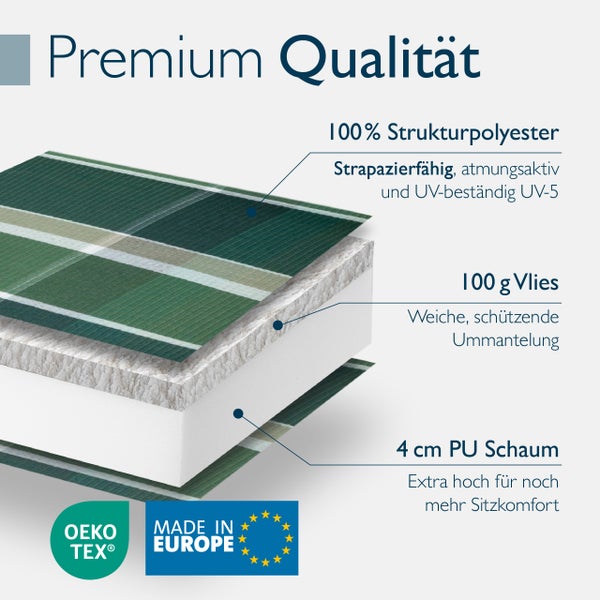Premium-Qualität Sitzkissen-Aufbau mit Strukturpolyester, Vlies und 4 Zentimeter Polyurethan-Schaum. Oeko-Tex Logo und Made in Europe Siegel.