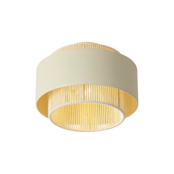 Beige Deckenleuchte mit zweilagigem Schirm aus Stoff und vertikalem Seilgeflecht.