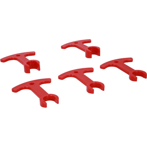 Fünf rote Fixierklemmen aus Kunststoff