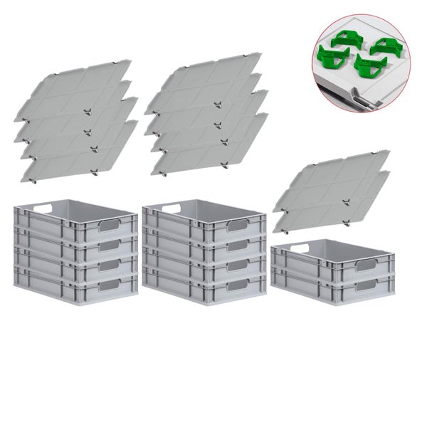 PROREGAL Spar Set 10x Eurobox Nextgen Economy Mit Auflagedeckel & 4x Schiebeschnappverschlüsse Grün Griffe Offen HxBxT 12 x 40 x 60 cm 23 Liter
