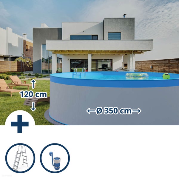 Rundbecken-Set mit Stahlwandpool im Garten, Durchmesser 350 Zentimeter, Höhe 120 Zentimeter, inklusive Poolleiter und Oberflächenskimmer.