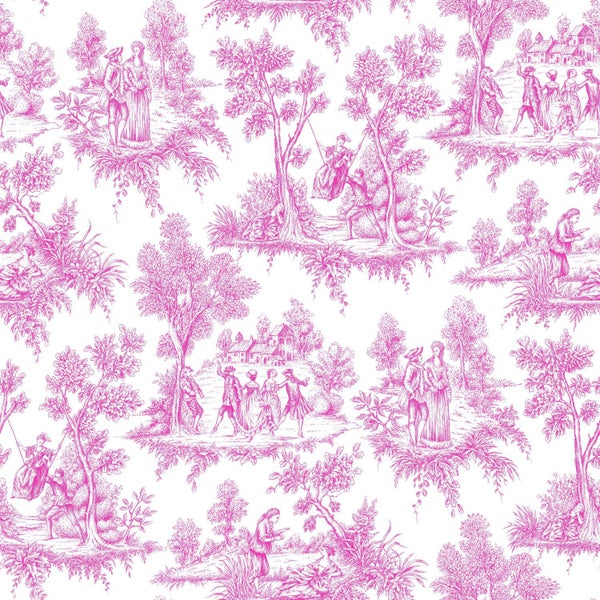 Tapetenmuster im Toile-de-Jouy-Stil mit historischen ländlichen Szenen, Personen, Bäumen und Häusern in einer detaillierten Linienzeichnung.