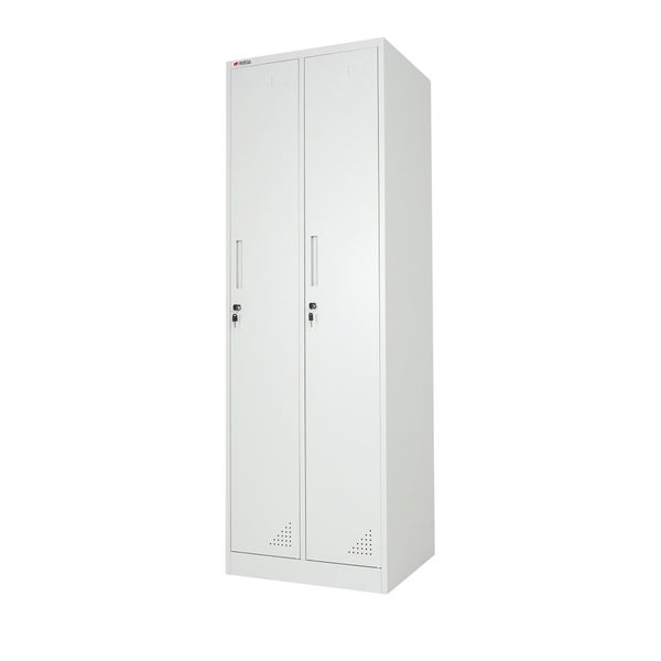 Grauer Proregal Metallschrank mit zwei Türen, Lüftungsschlitzen und Zylinderschloss für Werkstatt oder Büro.