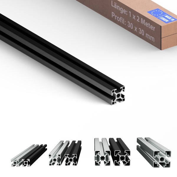 Schwarzes Aluminiumprofil mit den Maßen 30 x 30 Millimeter und einer Länge von 1 x 2 Meter, hergestellt in Europa