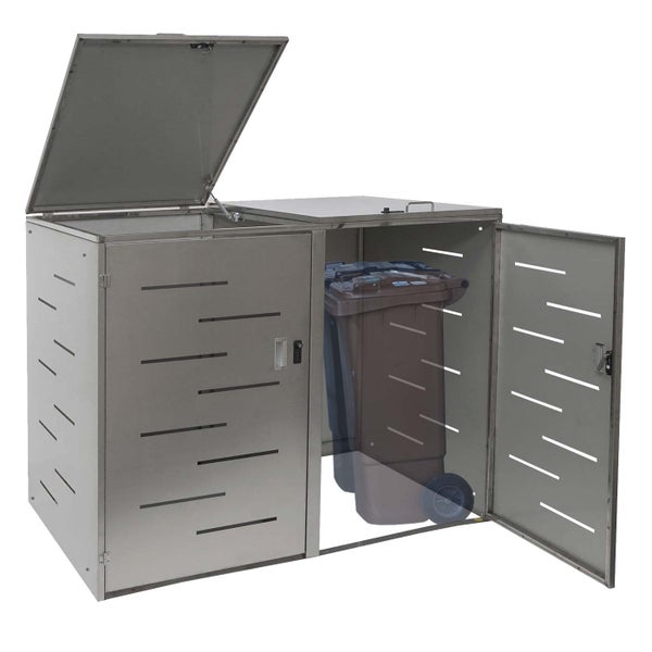Mülltonnenbox mit geöffneten Türen und Deckel, darin eine Mülltonne