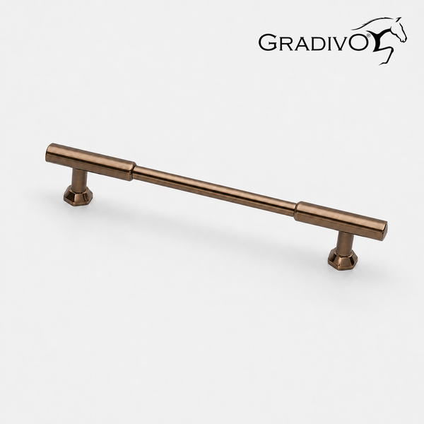 Möbelgriff aus Metall in Bronze-Optik mit runder Stange und hexagonalen Sockeln. Gradivo Logo.
