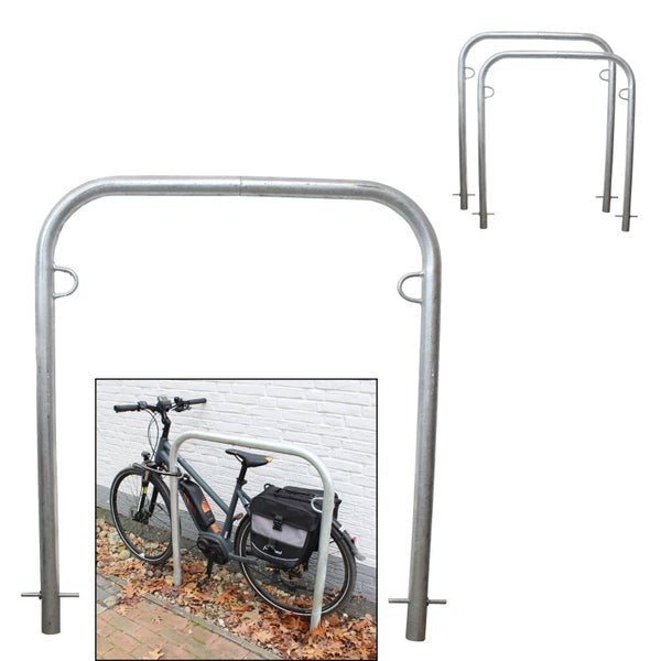 Fahrradanlehnbügel aus Metall mit Fahrrad