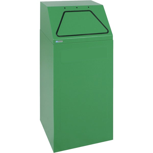 Grüner Wertstoffsammler aus Stahlblech mit schrägem Deckel und trapezförmiger Einwurföffnung.