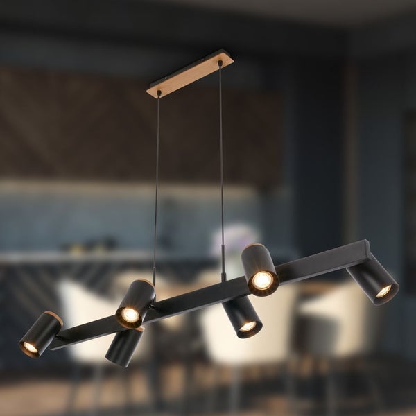 Moderne schwarze Pendelleuchte mit sechs verstellbaren Strahlern und Holzdetails.