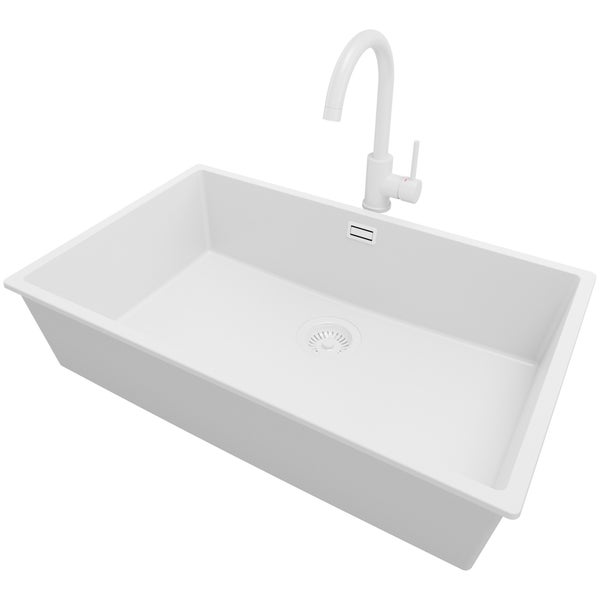 PRIMAGRAN Granitspüle Alles Weiß 76x47cm, Spülbecken 1 Becken + Küchenarmatur 32x20cm + Ablauf-Set, Küchenspüle ab 80er Unterschrank - London Slim