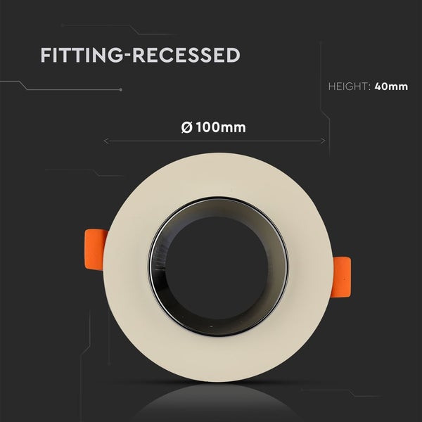 Einbaustrahler-Gehäuse rund, Durchmesser 100 Millimeter, Höhe 40 Millimeter, mit seitlichen Befestigungsklammern.