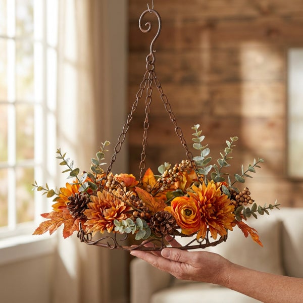 Hängende Herbstdekoration aus Metall mit Kunstblumen, Beeren und Zapfen an einer Kette für die Innenraumgestaltung.
