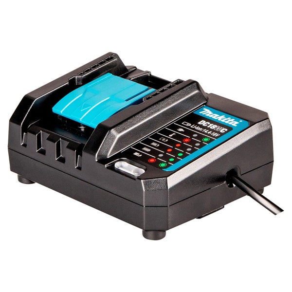 Makita Logo. Ladegerät für Lithium-Ionen Akkus mit 14,4 bis 18 Volt