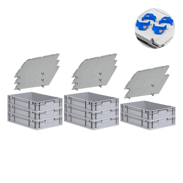 PROREGAL Spar Set 8x Eurobox Nextgen Economy Mit Auflagedeckel & 4x Schiebeschnappverschlüsse Blau Griffe Geschlossen HxBxT 12 x 40 x 60 cm 23 Liter