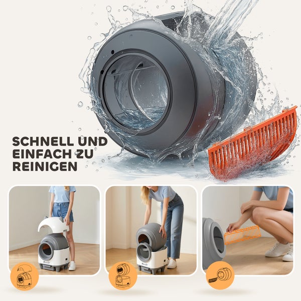 Katzenstreu-Vollautomat mit Wasser und Reinigungsbürste zur einfachen Reinigung