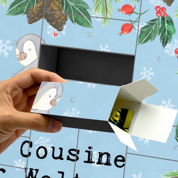 Mr. & Mrs. Panda Befüllbarer Adventskalender Pinguin Beste Cousine der Welt - Blau Pastell
