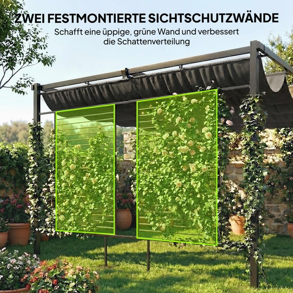 Pergola mit zwei festmontierten Sichtschutzwänden, bewachsen mit Kletterpflanzen in einem hellen Garten.
