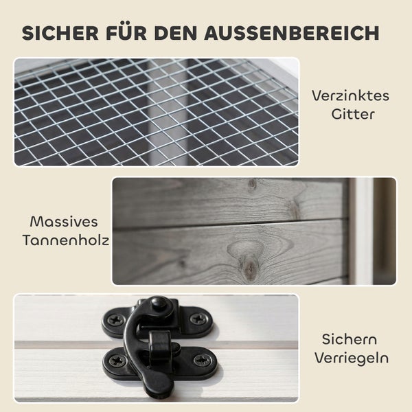 Detailaufnahmen eines Kleintierstalls: verzinktes Gitter, massives Tannenholz und ein Riegel für den Außenbereich.
