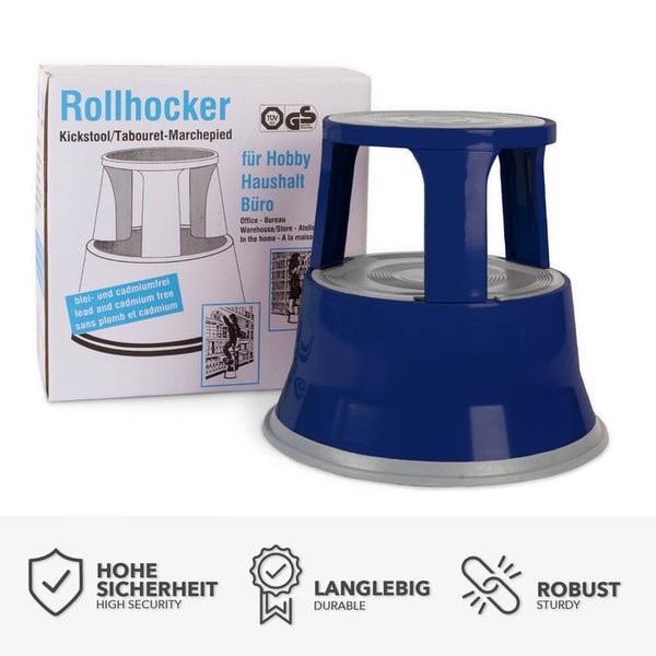 FLOORDIREKT Rollhocker - Elefantenfuß - aus Stahl - Mobiler Tritthocker - Sitzmöglichkeit für Büro und Gewerbe - Blau