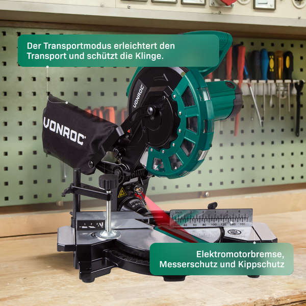 Grüne Vonroc Kappsäge beim Schneiden eines Holzbalkens. Text weist auf schnelles und einfaches Zuschneiden von Holzarbeiten auf Maß hin.