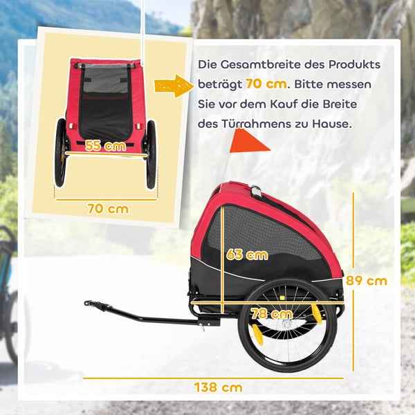 Hundeanhänger für das Fahrrad mit Maßen: Breite 70 Zentimeter, Länge 138 Zentimeter und Höhe 89 Zentimeter.