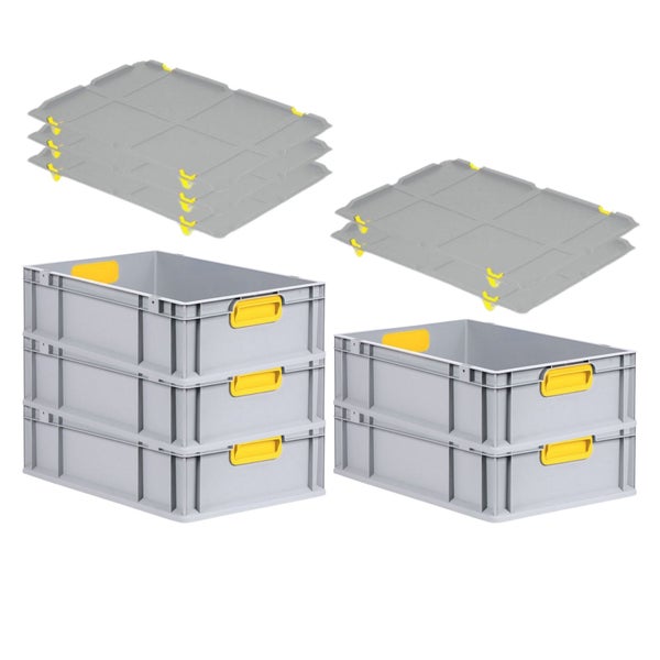 PROREGAL Spar Set 5x Eurobox Nextgen Color Mit Auflagedeckel & Schiebeschnappverschlüsse HxBxT 17 x 40 x 60 cm Griffe Gelb Geschlossen Glatter Boden