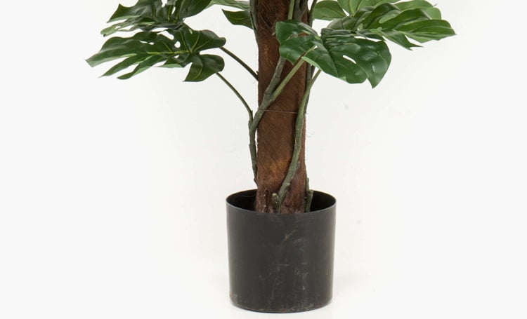 Künstliches Fensterblatt Monstera im Topf mit Moosstab.