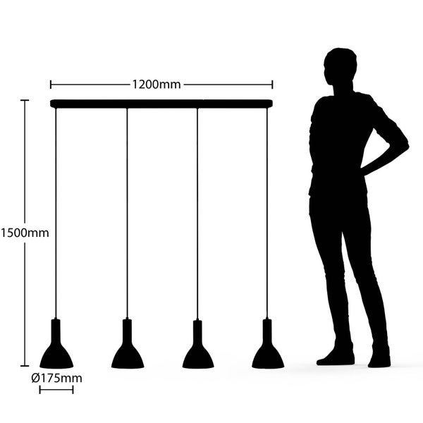Maßzeichnung einer vierflammigen Pendelleuchte mit Maßen: Breite 1200 Millimeter, Höhe 1500 Millimeter, Schirmdurchmesser 175 Millimeter.