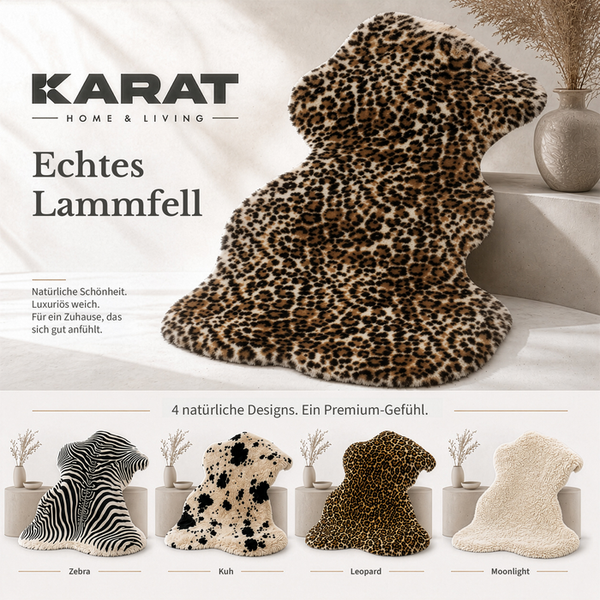 Echtes Lammfell von Karat Home und Living in den Designs Leopard, Zebra, Kuh und Moonlight. Gezeigt in einem hellen, modernen Wohnambiente.