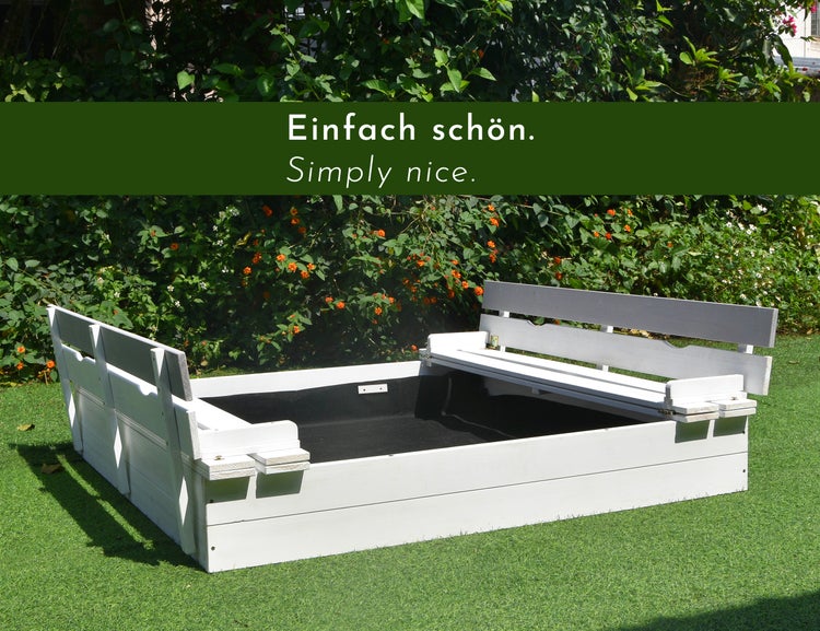 WONDERMAKE - Design Sandkasten mit Abdeckung Deckel Sitzbank und Boden, Sandkiste Holz quadratisch verschließbar mit Bank Outdoor Garten für Kinder, Tanne, weiß grau silber