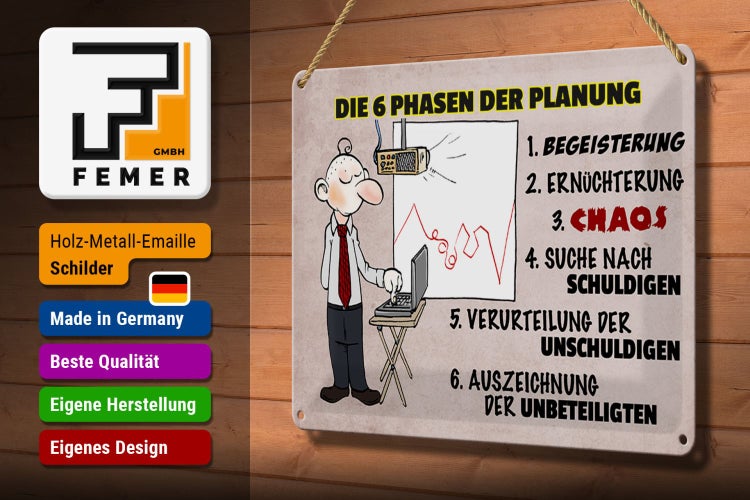 Blechschild Spruch 30x20cm 6 Phasen der Planung