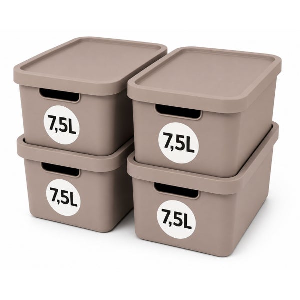 Set aus vier stapelbaren Kunststoff Aufbewahrungsboxen mit Deckel und je 7,5 Liter Fassungsvermögen für eine geordnete Aufbewahrung.