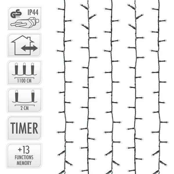 Lichterkette mit GS Zeichen für geprüfte Sicherheit, IP44 Schutzart, geeignet für Innen- und Aussenbereich, 1100 cm lang, 2 cm Lampenabstand, Timerfunktion und 13 Funktionen mit Memory Funktion.
