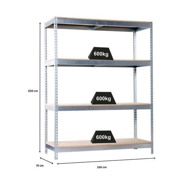 PROREGAL Schwerlastregal Wood Beast Four HxBxT 200 x 150 x 75 cm 4 Ebenen Fachlast 600 kg Verzinkt