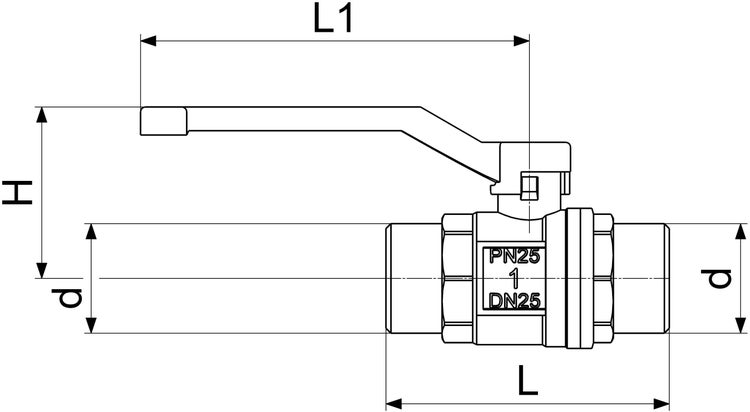 Technische Zeichnung eines Kugelhahns mit Massangaben für Länge Höhe und Durchmesser sowie Nenndruck 25 und Nennweite 25